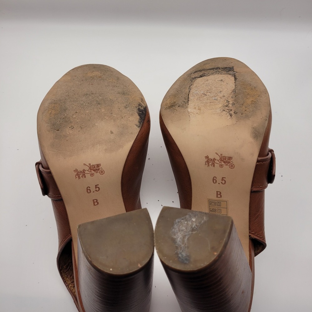 Coach Womens Brown Leather Peep Toe Slingback Block Heel Sandals Gold Buckle 6.5 - Picture 3 of 11